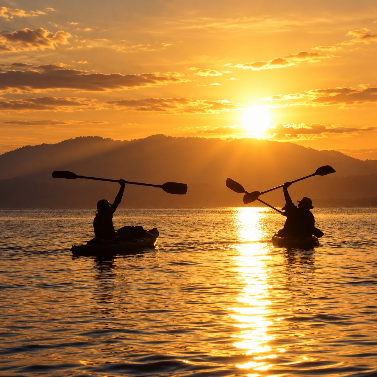 Deux kayaks face au soleil couchant et aux reliefs de l’Estérel