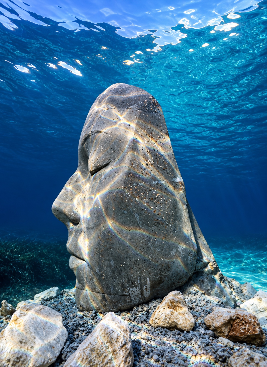 Un visage sculpté sous les reflets de la Méditerranée.