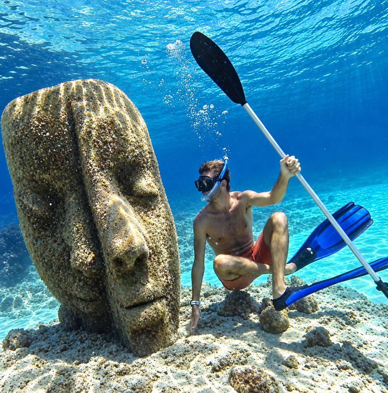 Un homme avec une pagaie à côté d’une statue de l’écomusée sous-marin