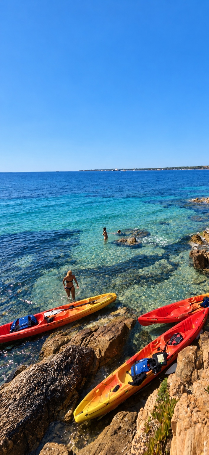 Kayaks rouges et jaunes au bord des rochers à L’Escale Turquoise, à Cannes.