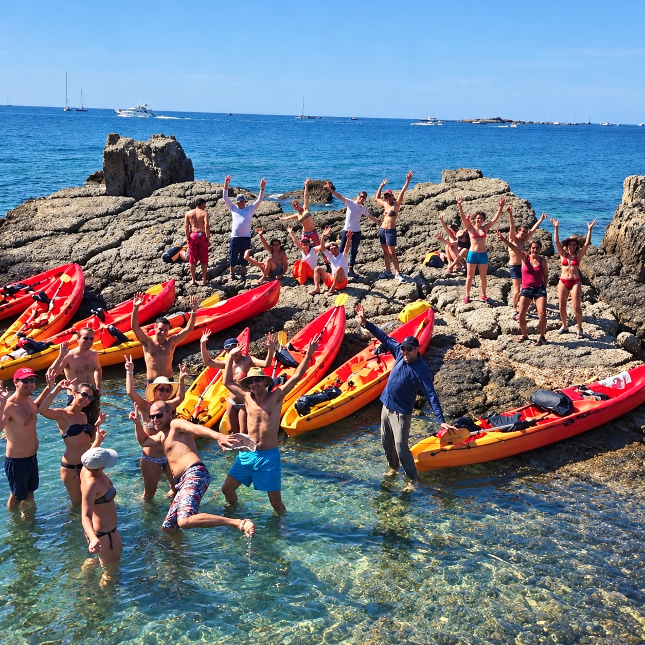 Friends enjoying a waterside break with their kayaks