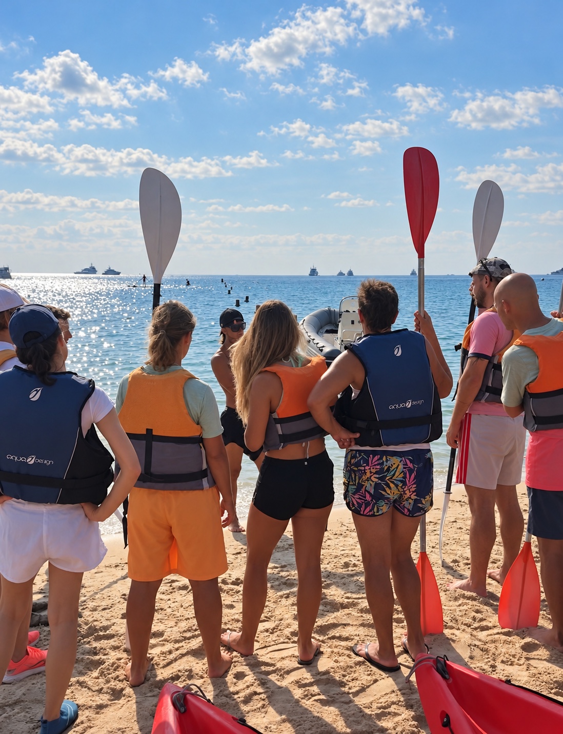 Des participants équipés de gilets et de pagaies écoutent le briefing avant leur départ en kayak à Cannes