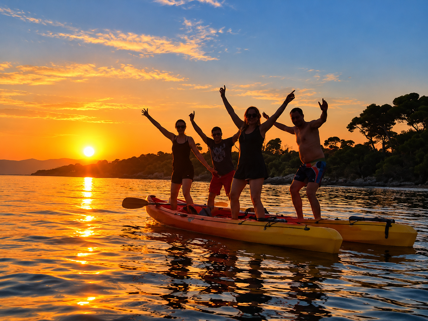 Quatre personnes lèvent les bras sur leurs kayaks au coucher du soleil près de Cannes.