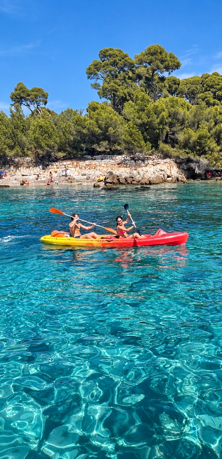 Un kayak rouge sur une eau turquoise devant une crique boisée des îles de Lérins.