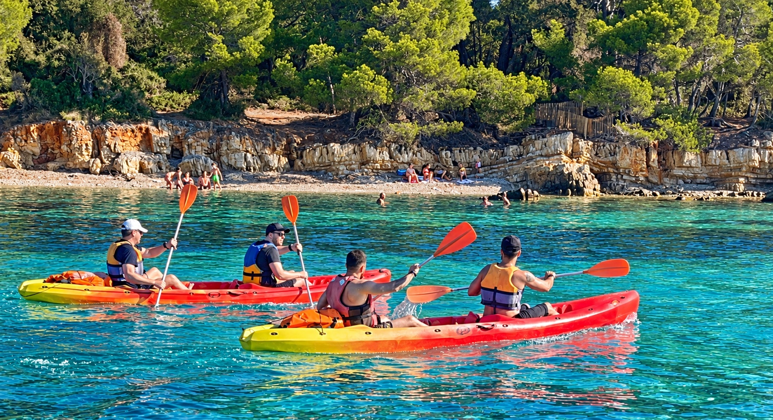 Deux kayaks sur les eaux turquoise des îles de Lérins