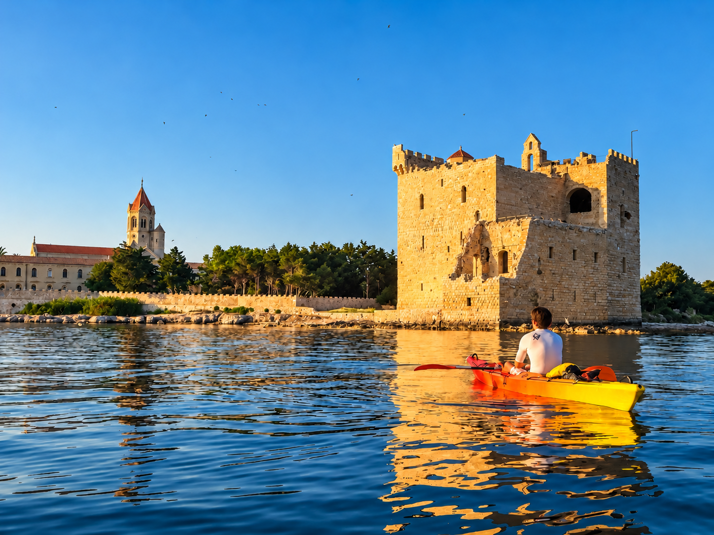 Deux personnes en kayak devant le monastère fortifié de Saint-Honorat, aux îles de Lérins.
