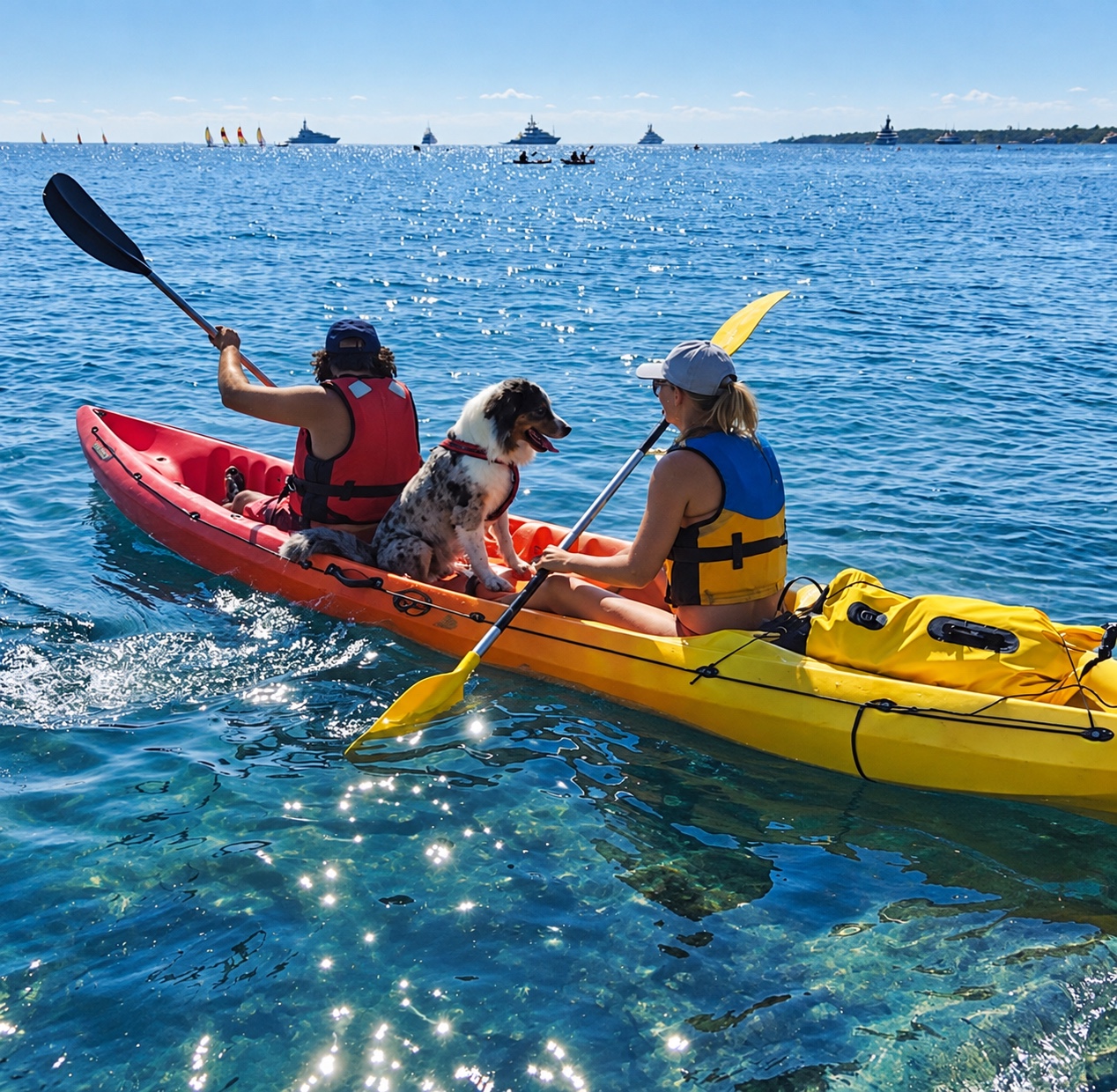 Deux kayakistes avec un chien à bord.