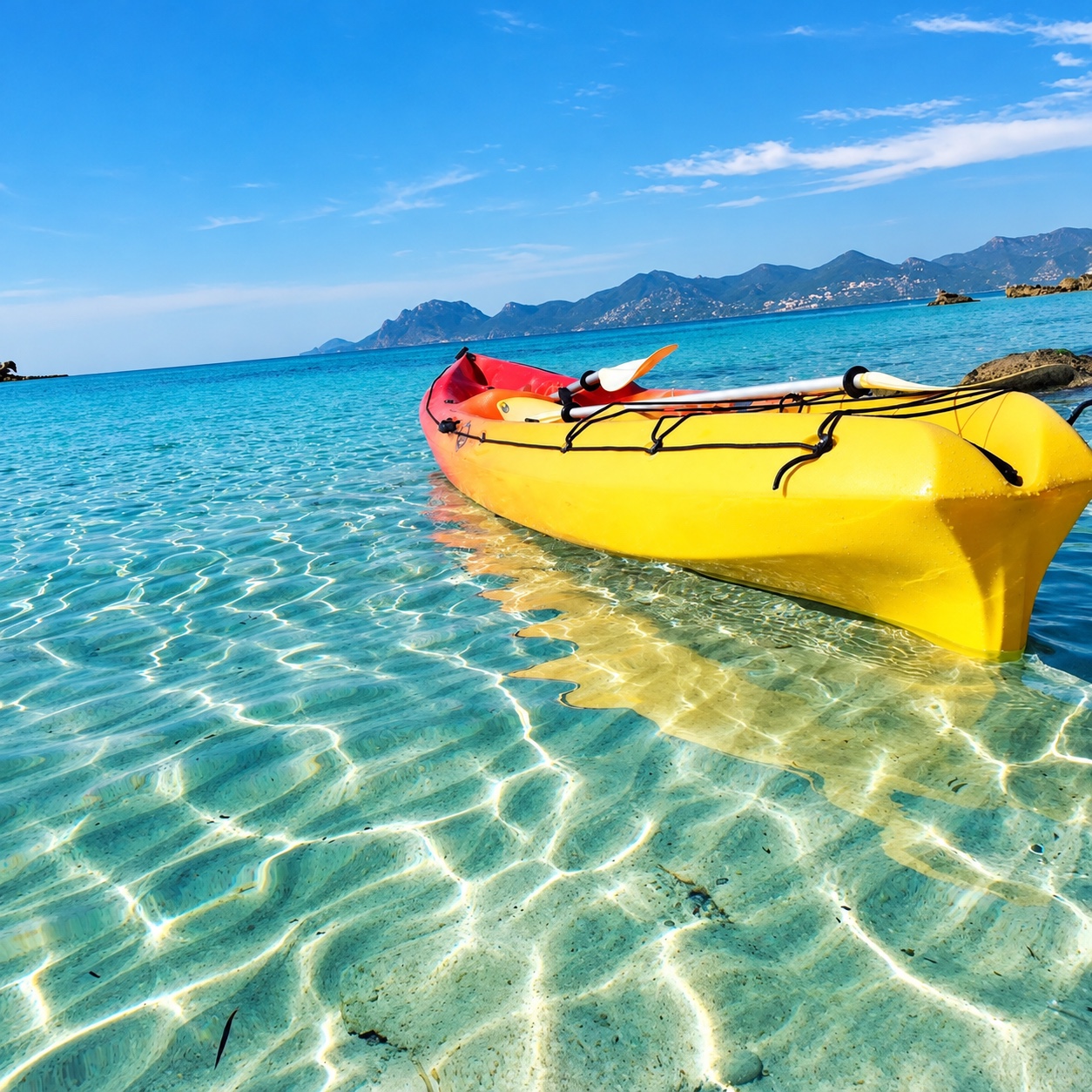 Un kayak dans une eau transparente.