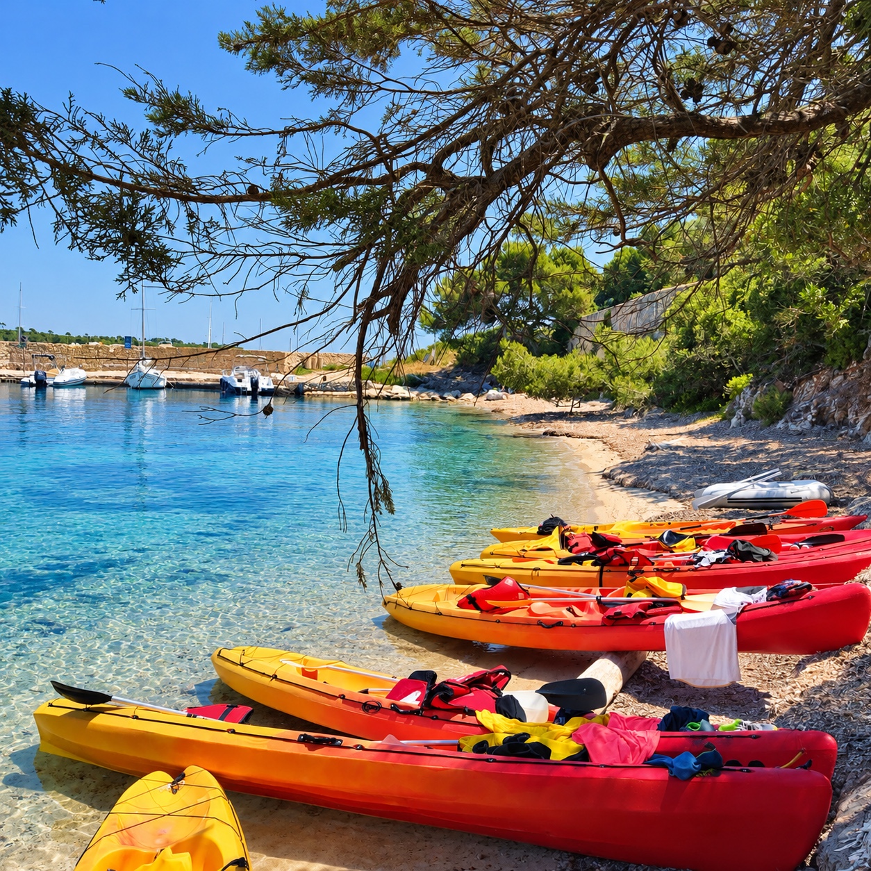 Kayaks sur une plage ombragée au bord d’une crique.