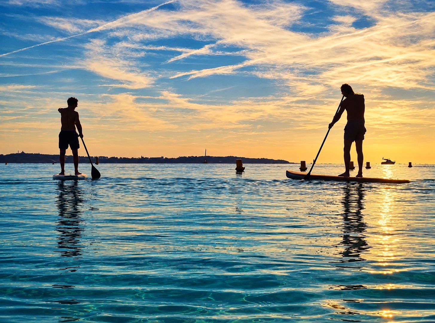 Deux paddles sur la mer dans la lumière du soir.