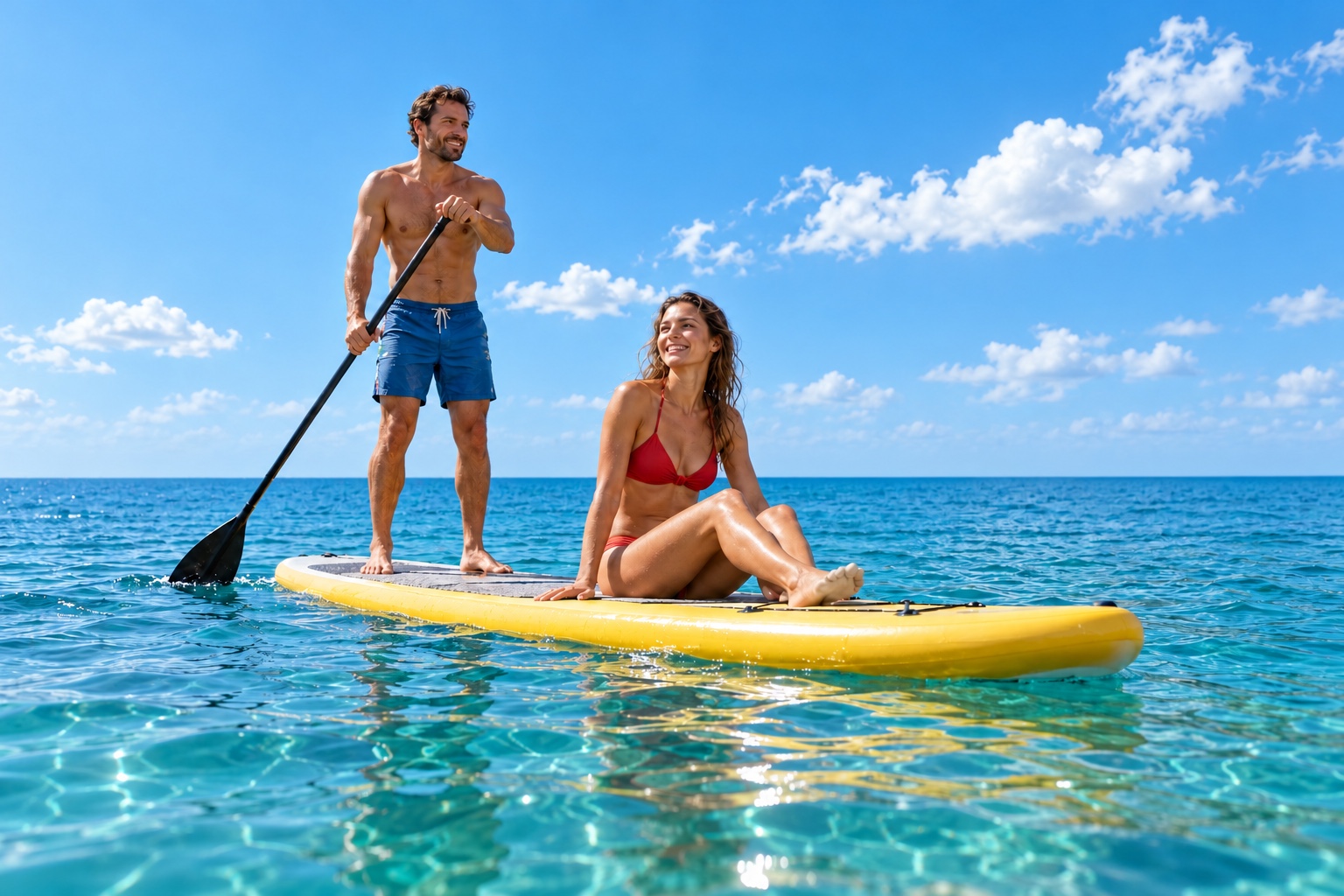 Deux personnes partagent un paddle sur une eau turquoise