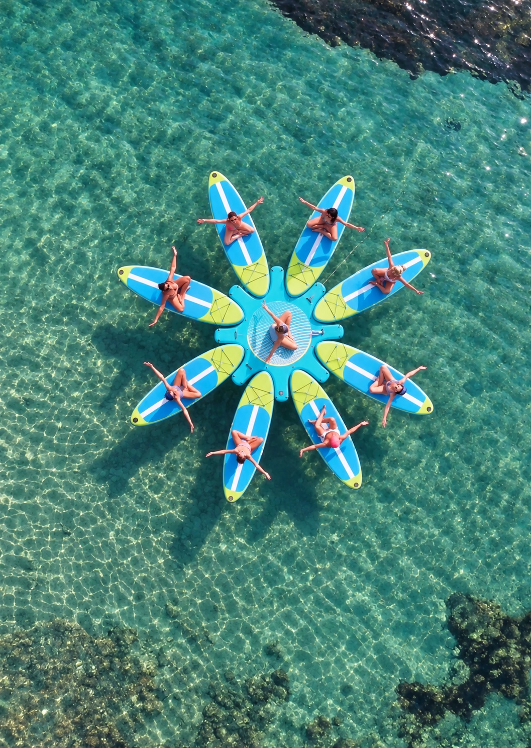 Respirer et s’étirer ensemble : une séance de paddle yoga vue du ciel à Cannes.