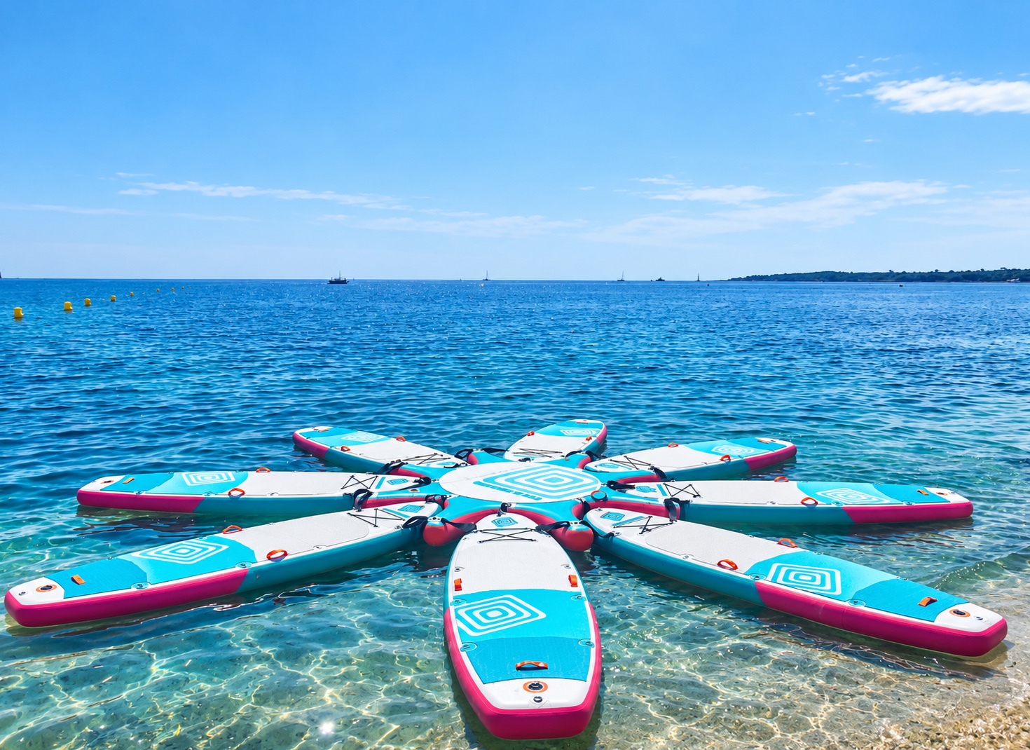 Paddleboard yoga boards connected to a central platform near the shoreline