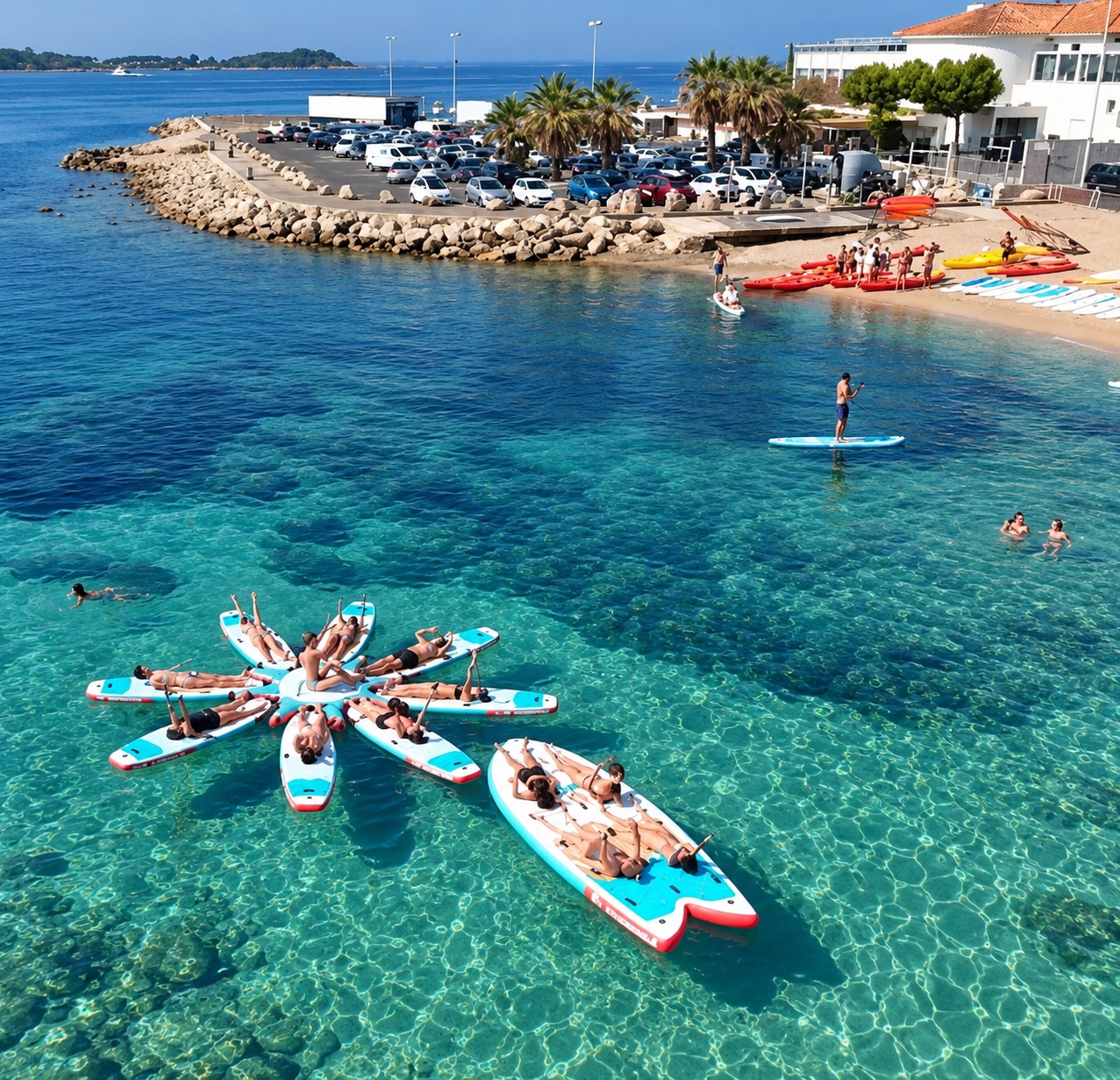 Séance de paddle yoga en groupe sur l’eau au Palm Beach à Cannes