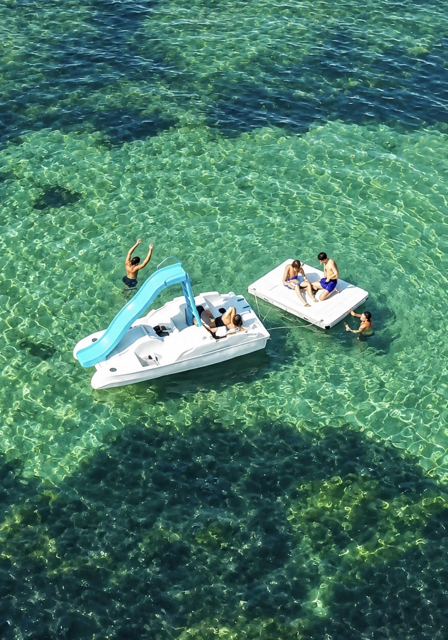Pédalo avec toboggan et plateforme de détente sur une eau turquoise