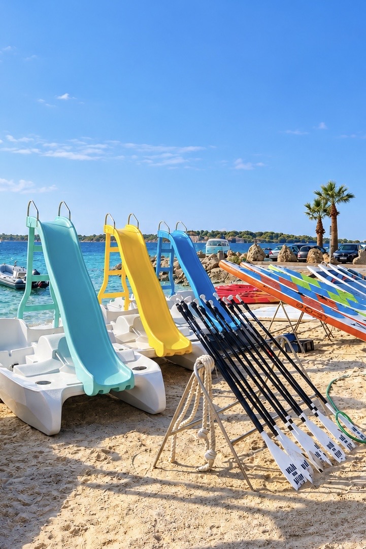 Pédalos avec toboggans colorés sur la plage de la base nautique au Palm Beach