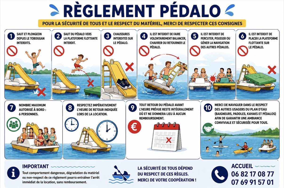French pedal boat rules poster illustrating the ten rules detailed on this page.